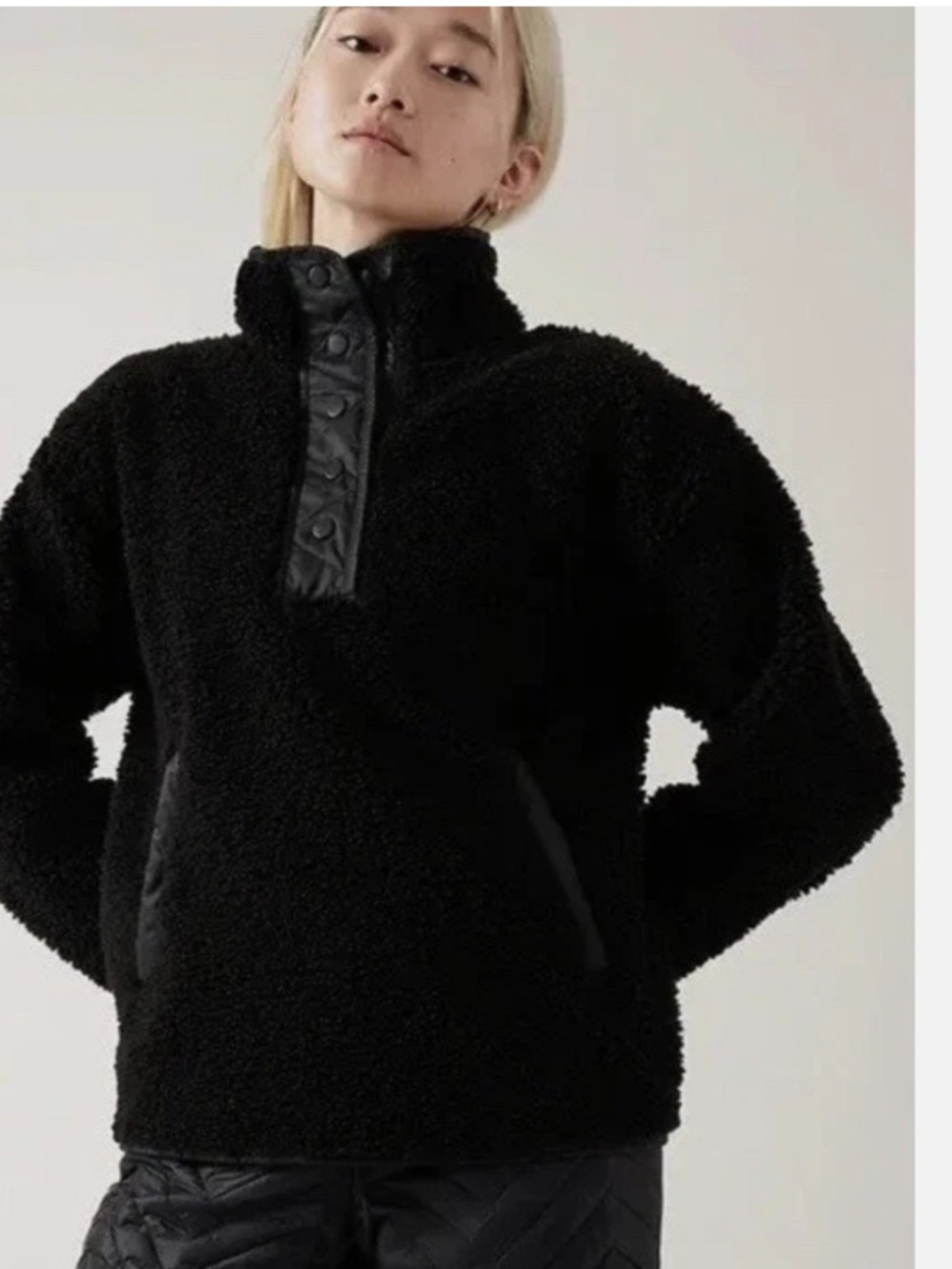 Athleta Cozy Sherpa Fleece Pullover black T-SNAP Jacket womens size LARGE